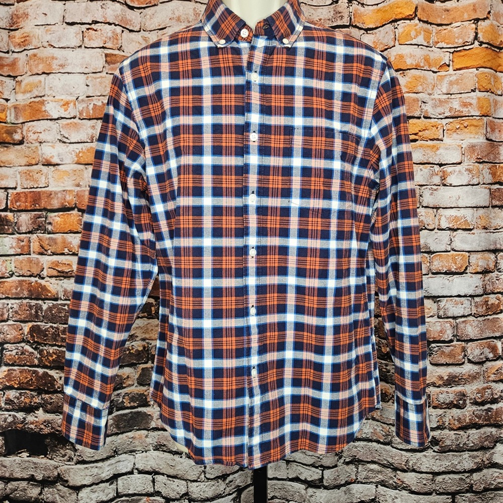 Hawker Rye Mens Slim Fit Stretch Oxford Plaid Shirt Navy Orange Medium HRO-3021